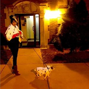 Cruella Deville cape and doggy coat with red gloves